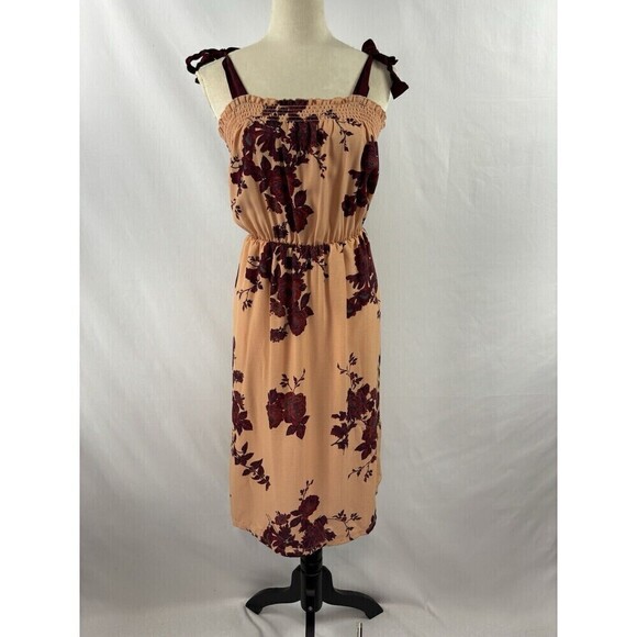 Bobeau Sundress Dress Peach Burgundy Floral Large Ribbon Straps Midi - Picture 1 of 11
